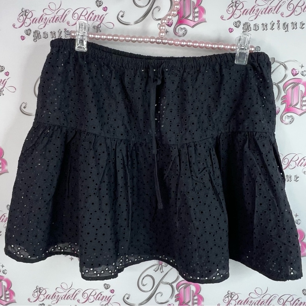 La Vie En Rose skirt mini ruffle tiered dotted Black Eyelet Skirt tie waist